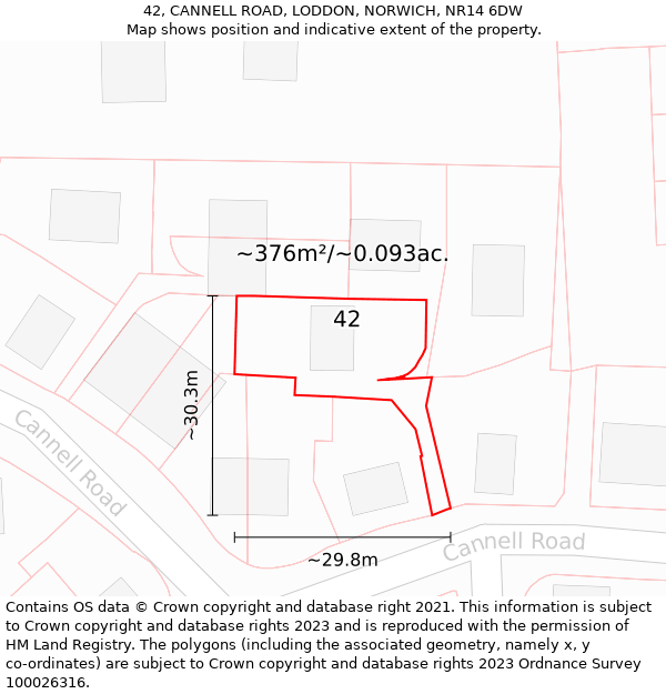 42, CANNELL ROAD, LODDON, NORWICH, NR14 6DW: Plot and title map