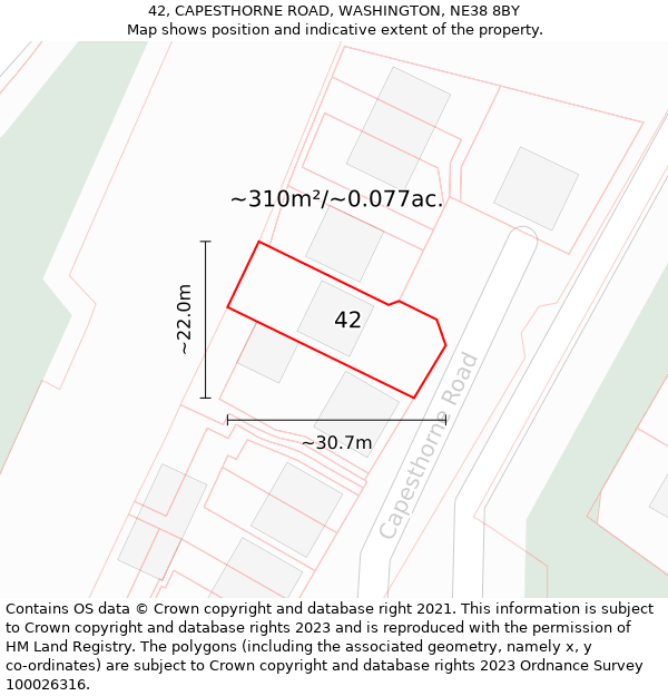 42, CAPESTHORNE ROAD, WASHINGTON, NE38 8BY: Plot and title map