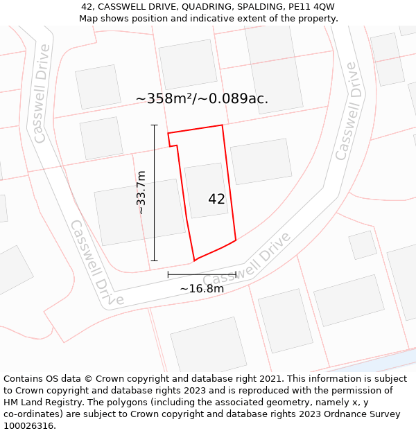 42, CASSWELL DRIVE, QUADRING, SPALDING, PE11 4QW: Plot and title map