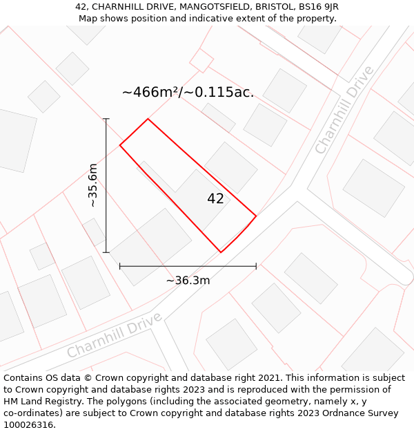 42, CHARNHILL DRIVE, MANGOTSFIELD, BRISTOL, BS16 9JR: Plot and title map