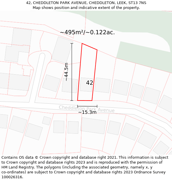 42, CHEDDLETON PARK AVENUE, CHEDDLETON, LEEK, ST13 7NS: Plot and title map