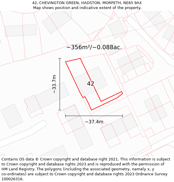 42, CHEVINGTON GREEN, HADSTON, MORPETH, NE65 9AX: Plot and title map