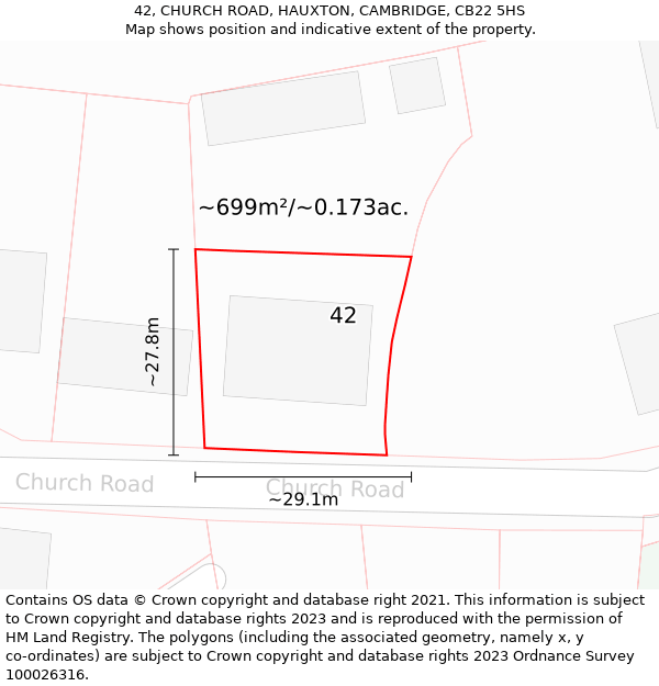 42, CHURCH ROAD, HAUXTON, CAMBRIDGE, CB22 5HS: Plot and title map