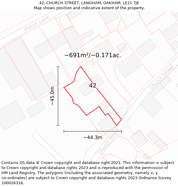 42, CHURCH STREET, LANGHAM, OAKHAM, LE15 7JE: Plot and title map