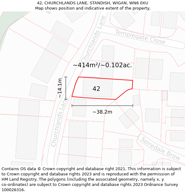 42, CHURCHLANDS LANE, STANDISH, WIGAN, WN6 0XU: Plot and title map