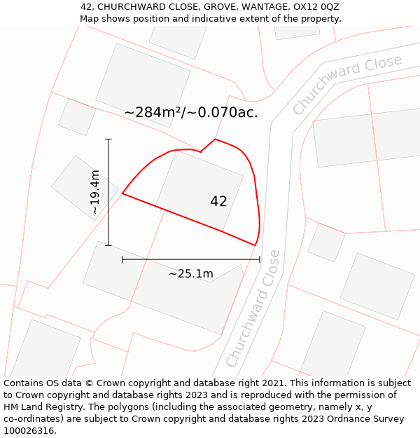 42, CHURCHWARD CLOSE, GROVE, WANTAGE, OX12 0QZ: Plot and title map