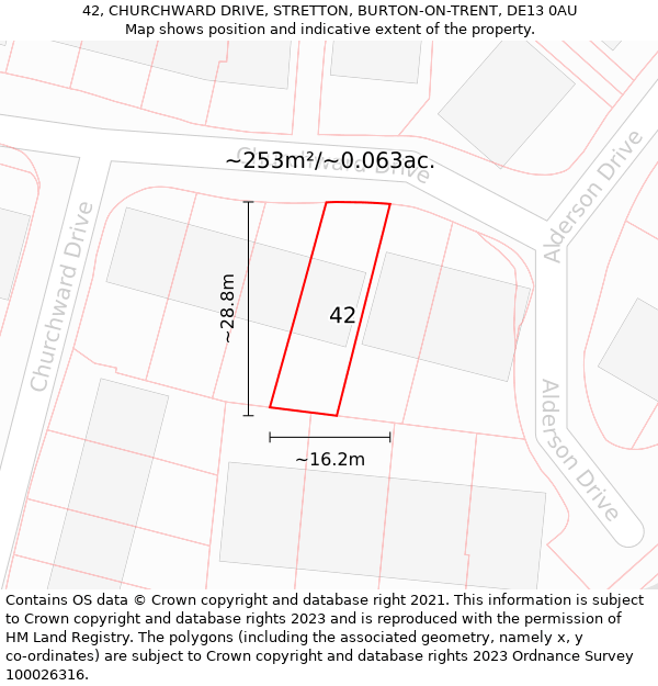 42, CHURCHWARD DRIVE, STRETTON, BURTON-ON-TRENT, DE13 0AU: Plot and title map