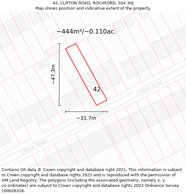 42, CLIFTON ROAD, ROCHFORD, SS4 3HJ: Plot and title map