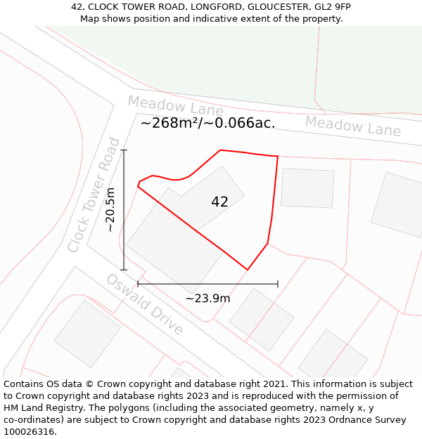 42, CLOCK TOWER ROAD, LONGFORD, GLOUCESTER, GL2 9FP: Plot and title map