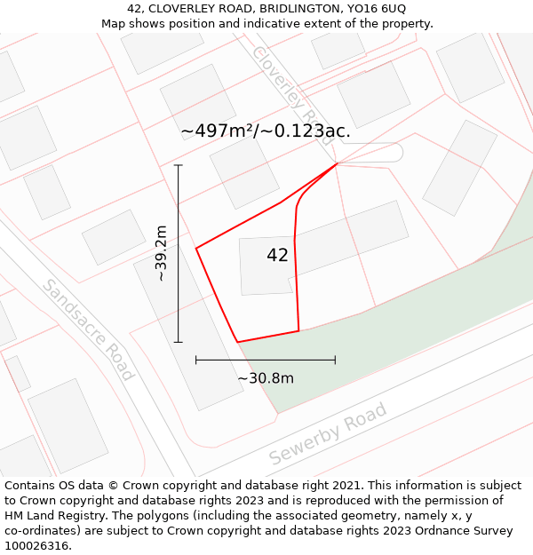 42, CLOVERLEY ROAD, BRIDLINGTON, YO16 6UQ: Plot and title map