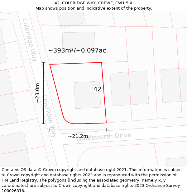 42, COLERIDGE WAY, CREWE, CW1 5JX: Plot and title map