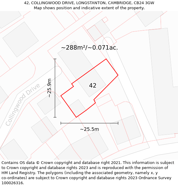 42, COLLINGWOOD DRIVE, LONGSTANTON, CAMBRIDGE, CB24 3GW: Plot and title map