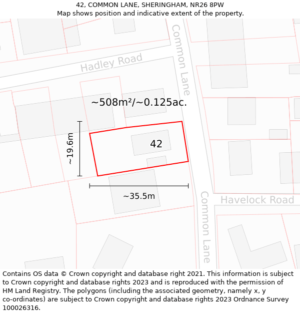 42, COMMON LANE, SHERINGHAM, NR26 8PW: Plot and title map