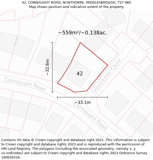 42, CONNAUGHT ROAD, NUNTHORPE, MIDDLESBROUGH, TS7 0BS: Plot and title map