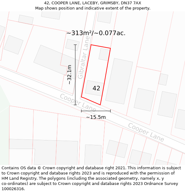 42, COOPER LANE, LACEBY, GRIMSBY, DN37 7AX: Plot and title map