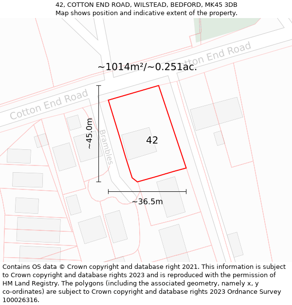 42, COTTON END ROAD, WILSTEAD, BEDFORD, MK45 3DB: Plot and title map