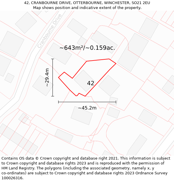 42, CRANBOURNE DRIVE, OTTERBOURNE, WINCHESTER, SO21 2EU: Plot and title map