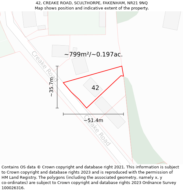 42, CREAKE ROAD, SCULTHORPE, FAKENHAM, NR21 9NQ: Plot and title map