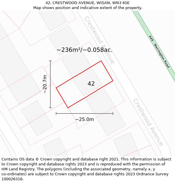 42, CRESTWOOD AVENUE, WIGAN, WN3 6SE: Plot and title map