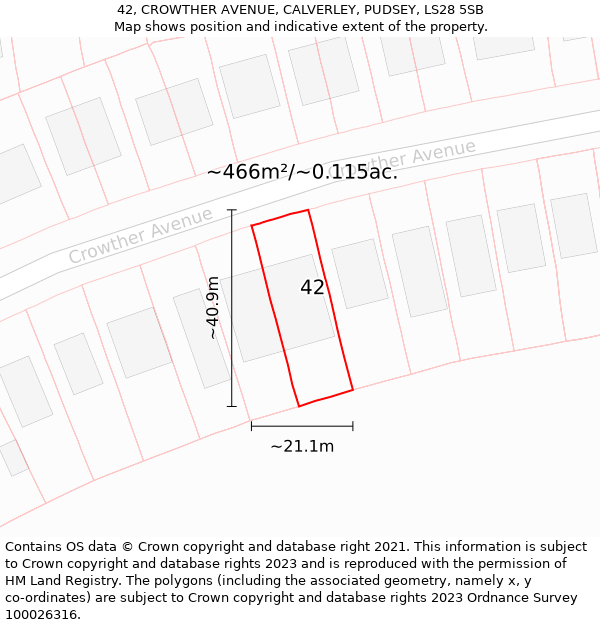 42, CROWTHER AVENUE, CALVERLEY, PUDSEY, LS28 5SB: Plot and title map