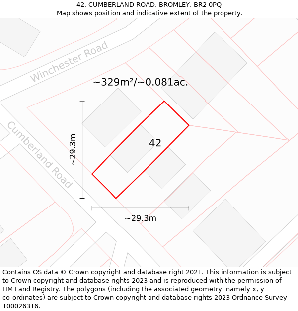 42, CUMBERLAND ROAD, BROMLEY, BR2 0PQ: Plot and title map