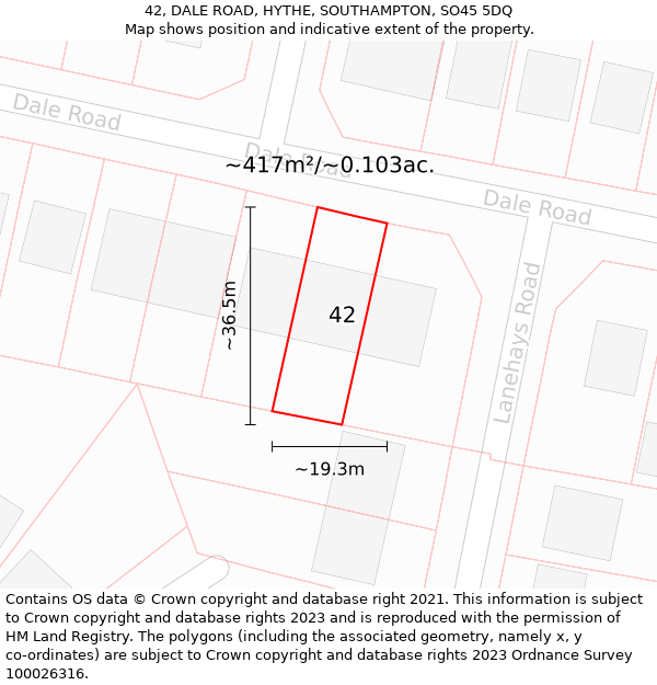 42, DALE ROAD, HYTHE, SOUTHAMPTON, SO45 5DQ: Plot and title map