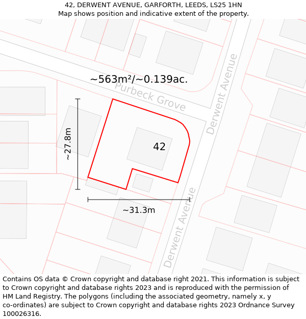 42, DERWENT AVENUE, GARFORTH, LEEDS, LS25 1HN: Plot and title map