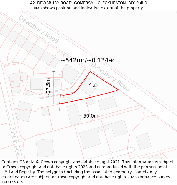 42, DEWSBURY ROAD, GOMERSAL, CLECKHEATON, BD19 4LD: Plot and title map