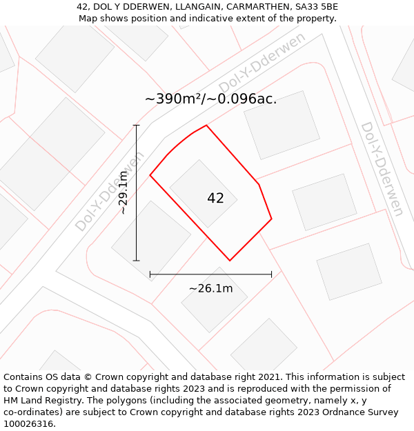 42, DOL Y DDERWEN, LLANGAIN, CARMARTHEN, SA33 5BE: Plot and title map