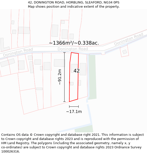 42, DONINGTON ROAD, HORBLING, SLEAFORD, NG34 0PS: Plot and title map