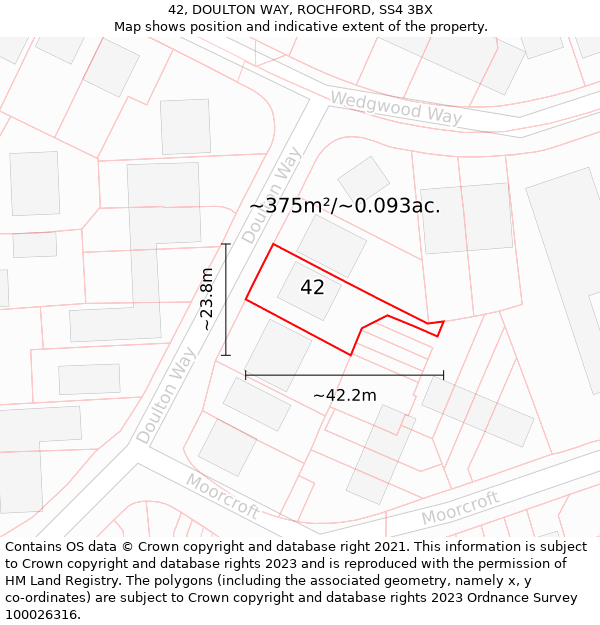 42, DOULTON WAY, ROCHFORD, SS4 3BX: Plot and title map