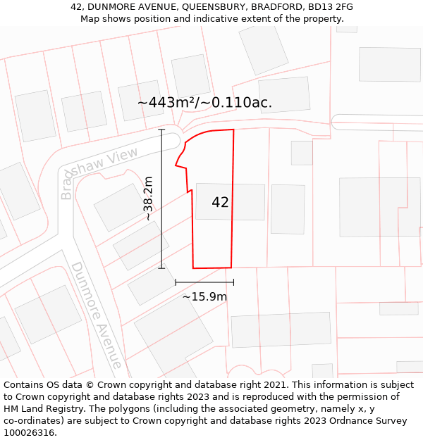 42, DUNMORE AVENUE, QUEENSBURY, BRADFORD, BD13 2FG: Plot and title map