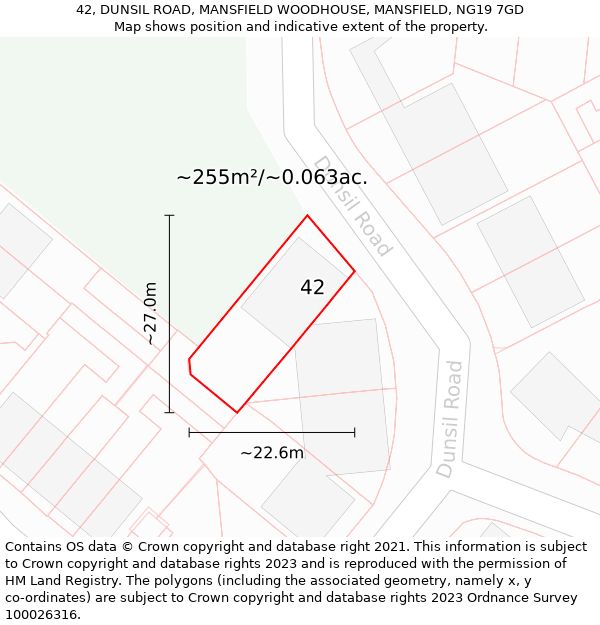 42, DUNSIL ROAD, MANSFIELD WOODHOUSE, MANSFIELD, NG19 7GD: Plot and title map