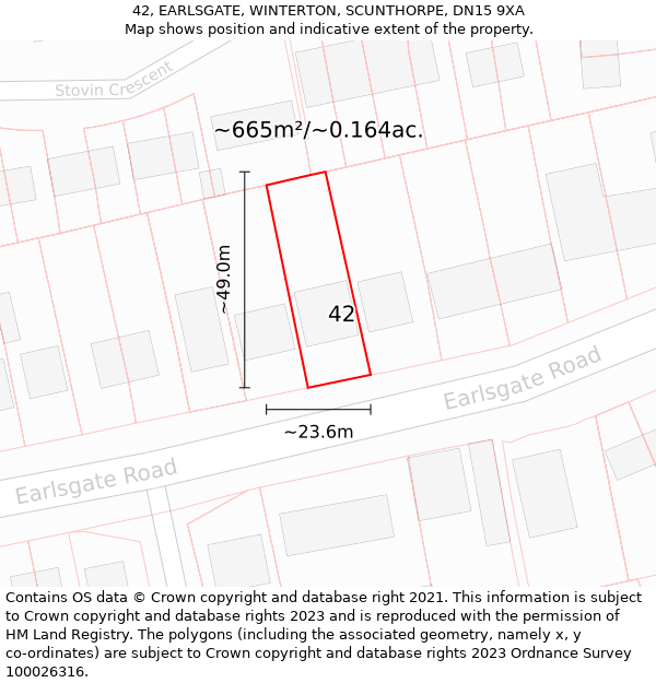 42, EARLSGATE, WINTERTON, SCUNTHORPE, DN15 9XA: Plot and title map