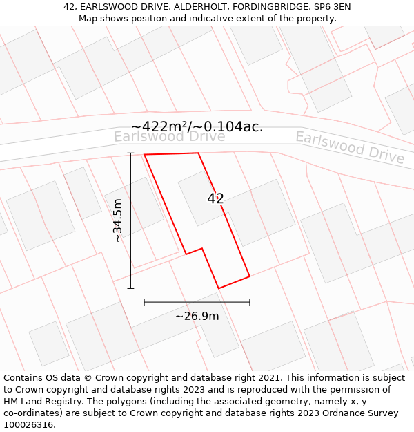 42, EARLSWOOD DRIVE, ALDERHOLT, FORDINGBRIDGE, SP6 3EN: Plot and title map