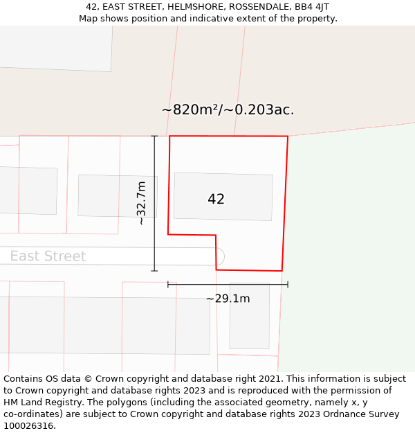 42, EAST STREET, HELMSHORE, ROSSENDALE, BB4 4JT: Plot and title map