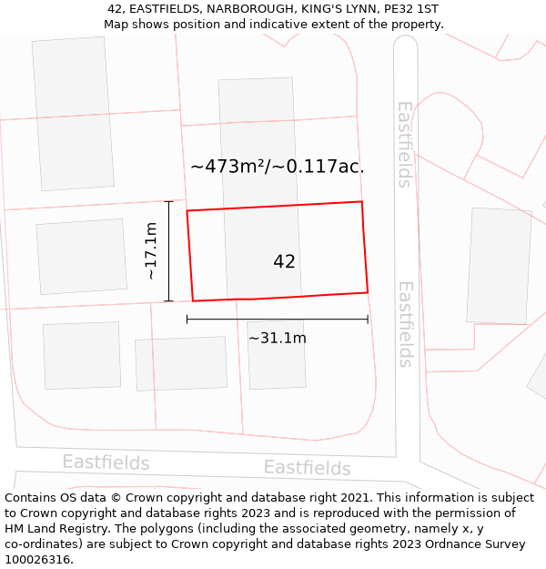 42, EASTFIELDS, NARBOROUGH, KING'S LYNN, PE32 1ST: Plot and title map