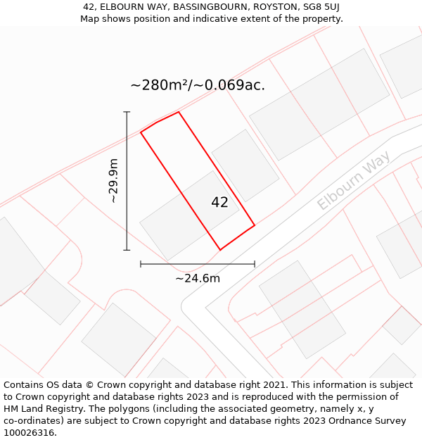 42, ELBOURN WAY, BASSINGBOURN, ROYSTON, SG8 5UJ: Plot and title map