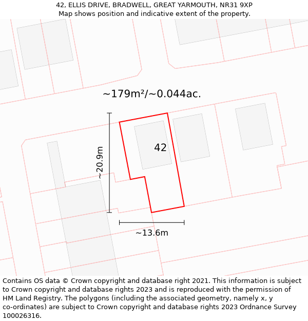 42, ELLIS DRIVE, BRADWELL, GREAT YARMOUTH, NR31 9XP: Plot and title map