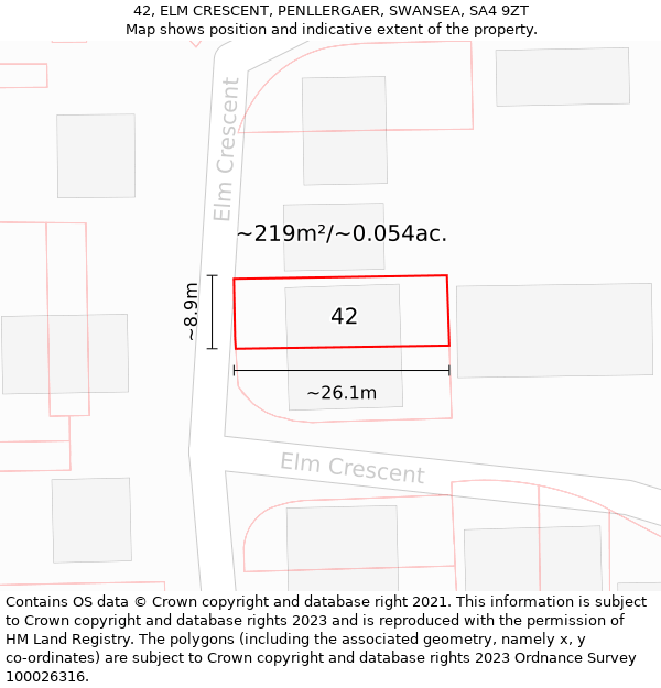 42, ELM CRESCENT, PENLLERGAER, SWANSEA, SA4 9ZT: Plot and title map