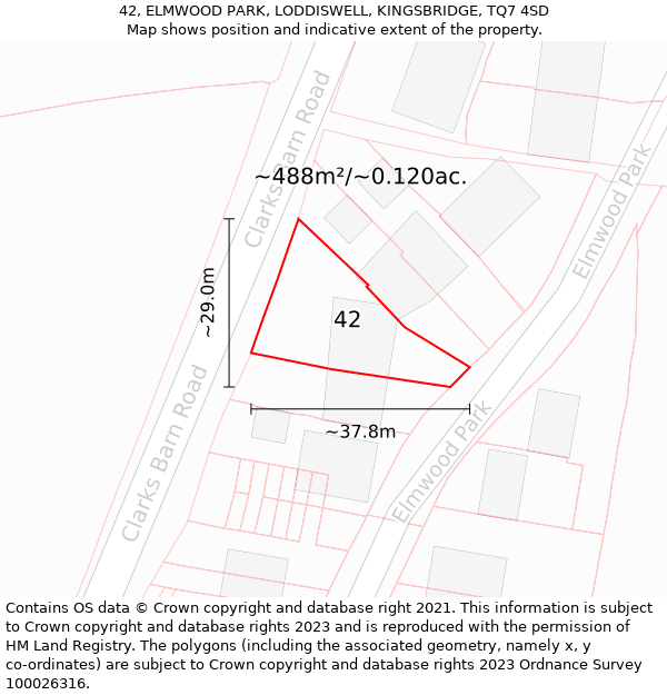 42, ELMWOOD PARK, LODDISWELL, KINGSBRIDGE, TQ7 4SD: Plot and title map