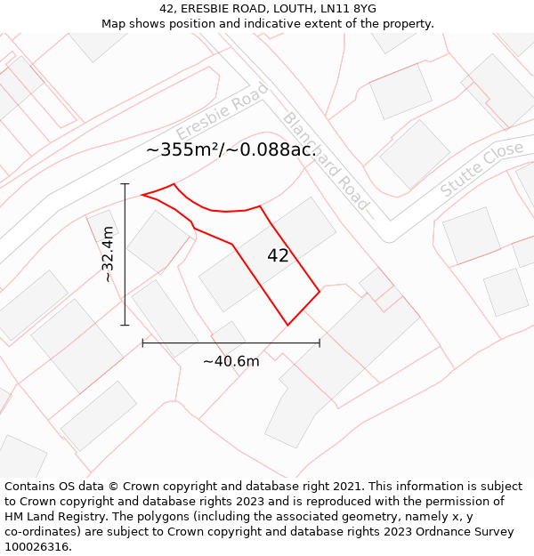 42, ERESBIE ROAD, LOUTH, LN11 8YG: Plot and title map