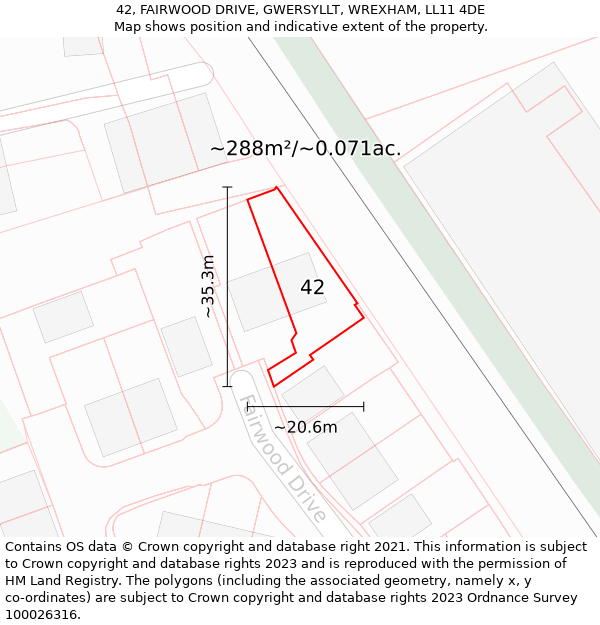 42, FAIRWOOD DRIVE, GWERSYLLT, WREXHAM, LL11 4DE: Plot and title map