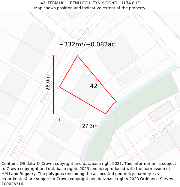 42, FERN HILL, BENLLECH, TYN-Y-GONGL, LL74 8UE: Plot and title map