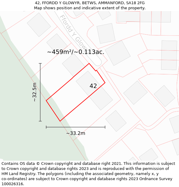 42, FFORDD Y GLOWYR, BETWS, AMMANFORD, SA18 2FG: Plot and title map