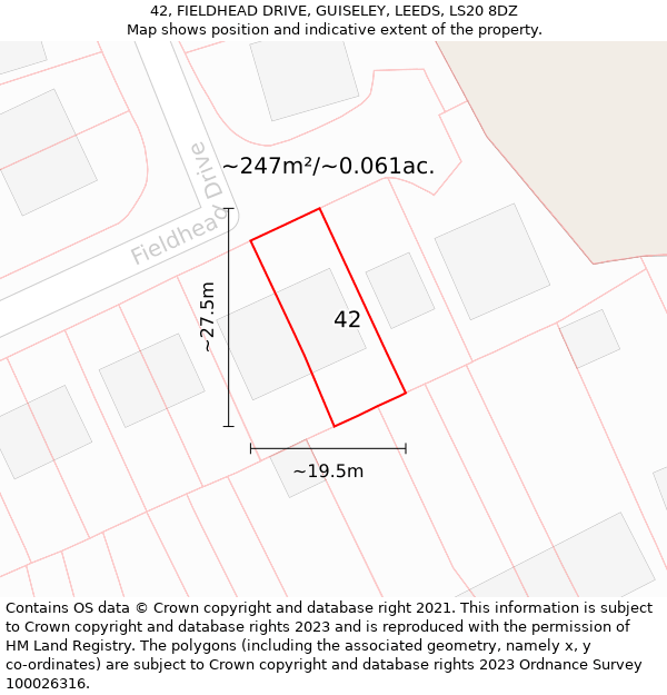 42, FIELDHEAD DRIVE, GUISELEY, LEEDS, LS20 8DZ: Plot and title map