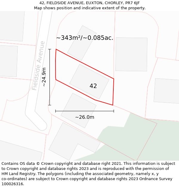 42, FIELDSIDE AVENUE, EUXTON, CHORLEY, PR7 6JF: Plot and title map