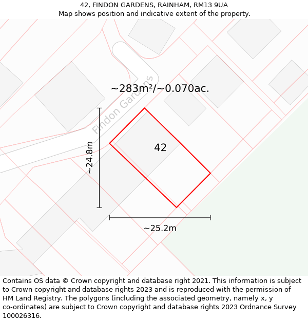 42, FINDON GARDENS, RAINHAM, RM13 9UA: Plot and title map