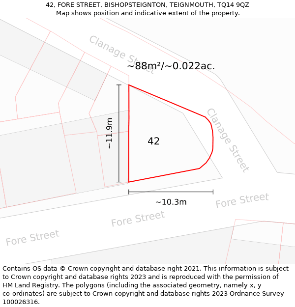 42, FORE STREET, BISHOPSTEIGNTON, TEIGNMOUTH, TQ14 9QZ: Plot and title map