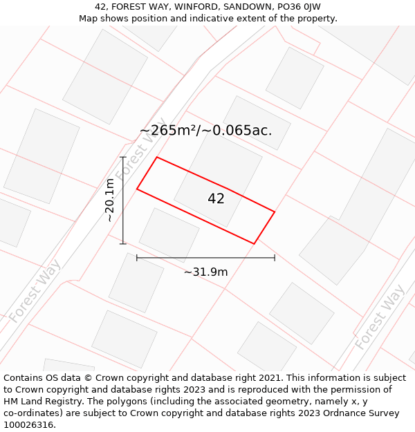 42, FOREST WAY, WINFORD, SANDOWN, PO36 0JW: Plot and title map